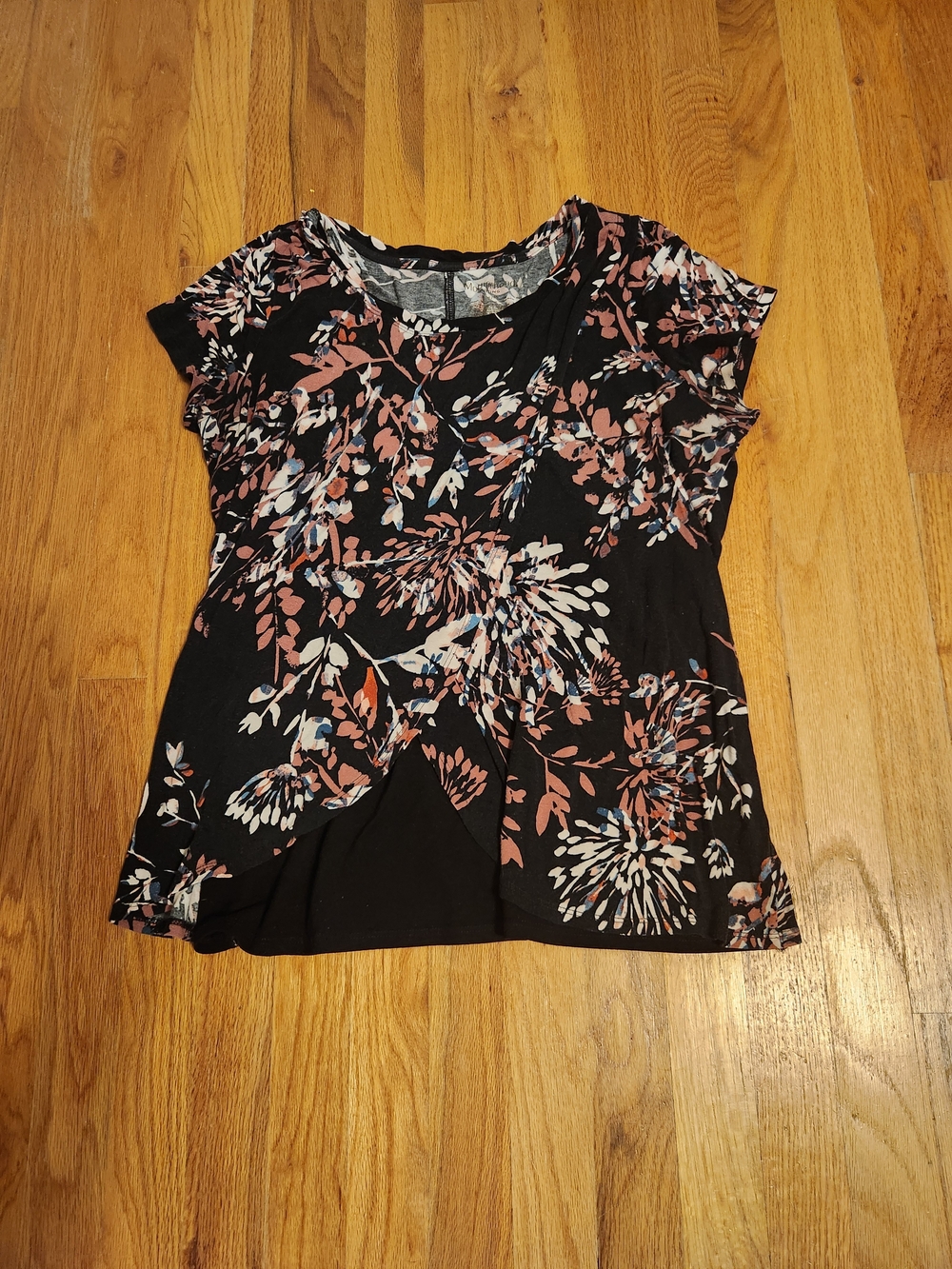 Motherhood Black Short Sleeve Floral Tee with Pink & Cream Accents